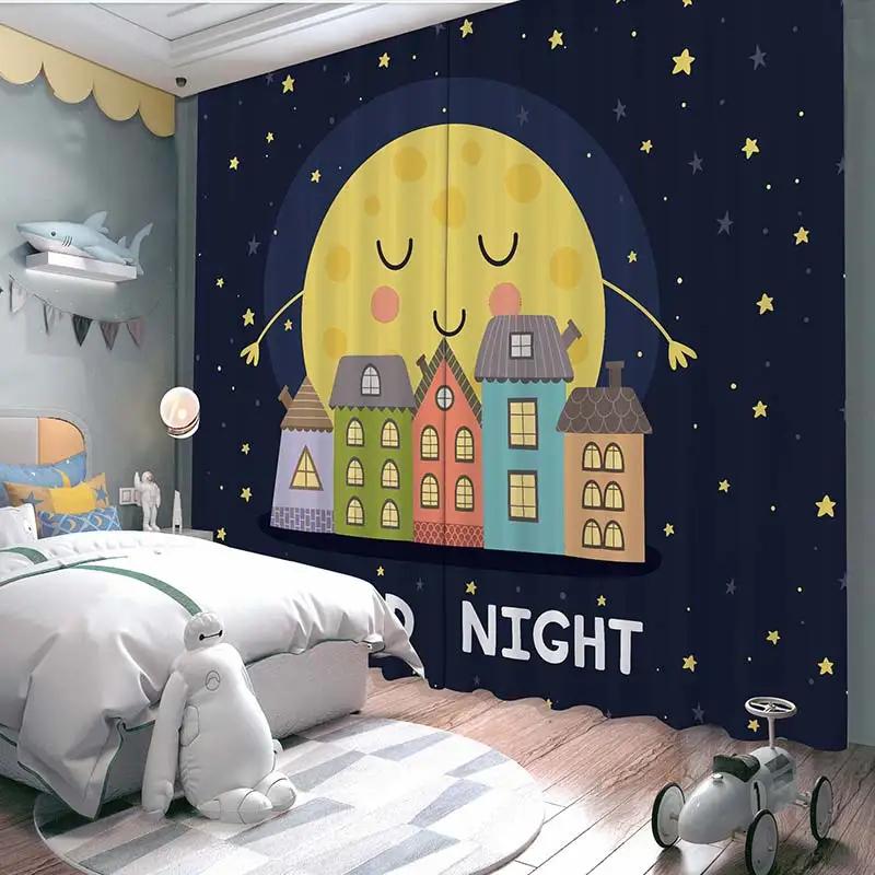 Cartoon High Shading Curtain Children's Room Boy Bedroom Astronaut New Bay Window Sunscreen Blackout Sound Insulation Drape 2Pcs