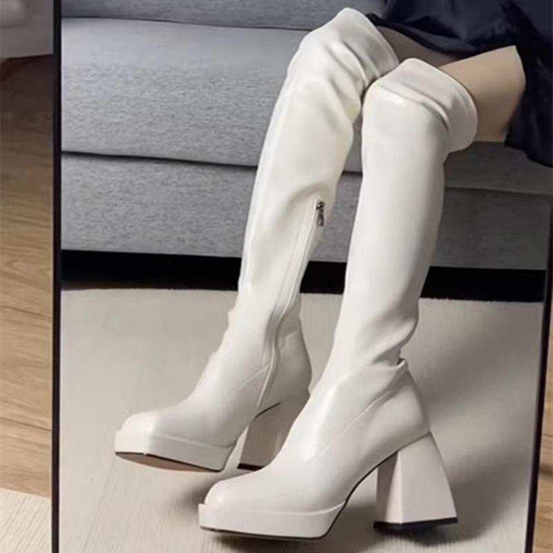 

Женские высокие ботфорты на высоком каблуке, новинка сезона осень-зима 2025, маленькие, облегающие, водонепроницаемые, с квадратным носком, на толстом каблуке, белые высокие сапоги 40