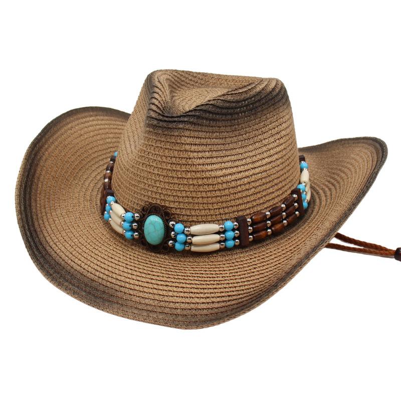 Gem Western Cowboy Straw Hat Seaside Sunscreen Sun Hat Ethnic Breathable Hand Woven Beach Hat