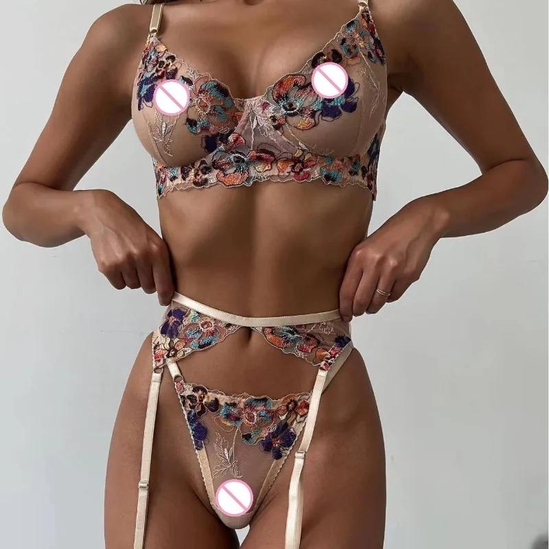 Luxury Lace Embroidery Underwear Erotic Sexy Lingerie Sets For Women Transparent Mesh Lace Bra And Thongs Garter Belt Erotic Set