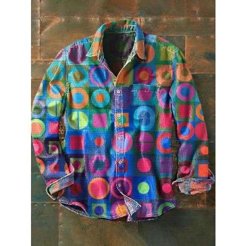 Retro-style Colour-block Print Men’s Long-sleeved Button-down Shirt