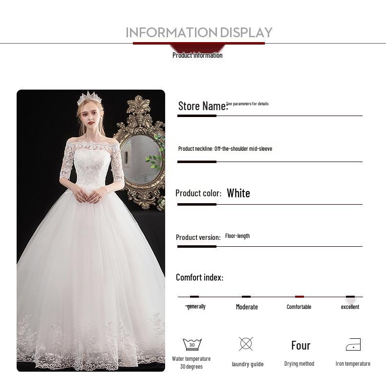 2025 Simple Korean Off-Shoulder Mid-Sleeve Plus Size Bridal Dress for Spring/Summer