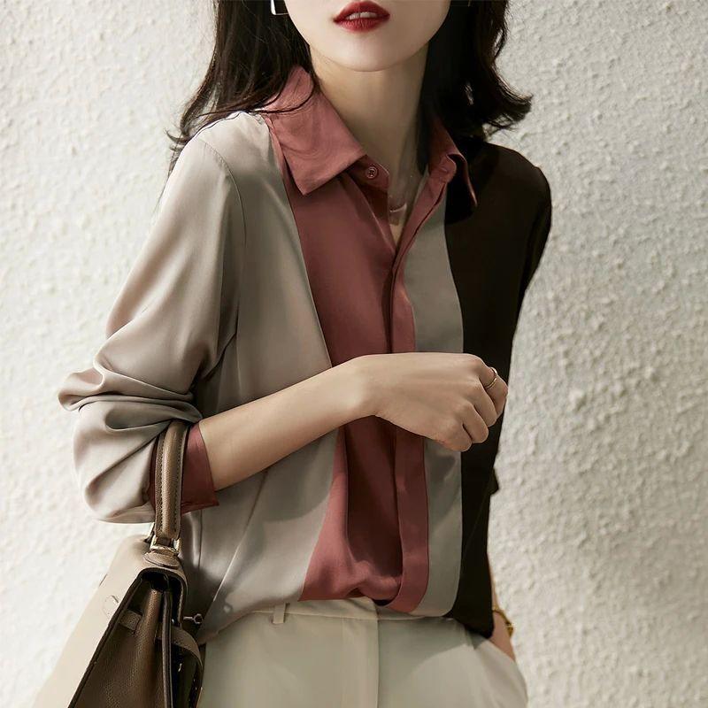

Color Blocked Striped Lapel Shirt for Women Mixed Color Stripe Lapel Shirt Picture XXL