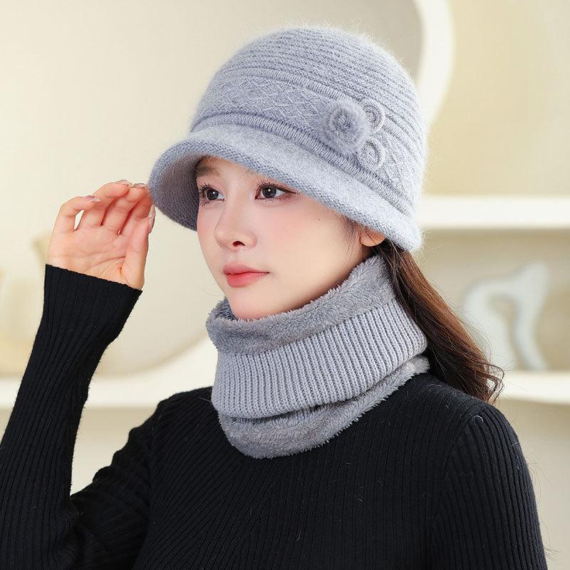 

Вязаная теплая шапка из кроличьего меха для женщин среднего возраста, модная мамина шапка, утолщенная шерстяная шапка-шарф, уличная шапка для бабушки Separate hat (only hat)