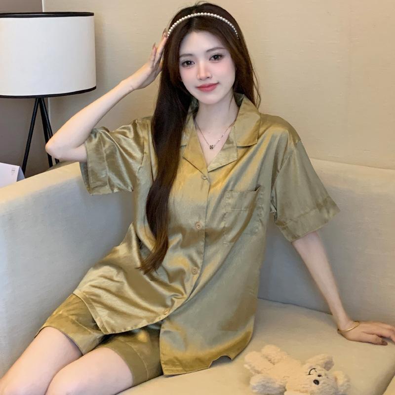High-End Pajamas Women'S Autumn Temperament Olive Green Lapel Cardigan Long-Sleeved Loungewear Set