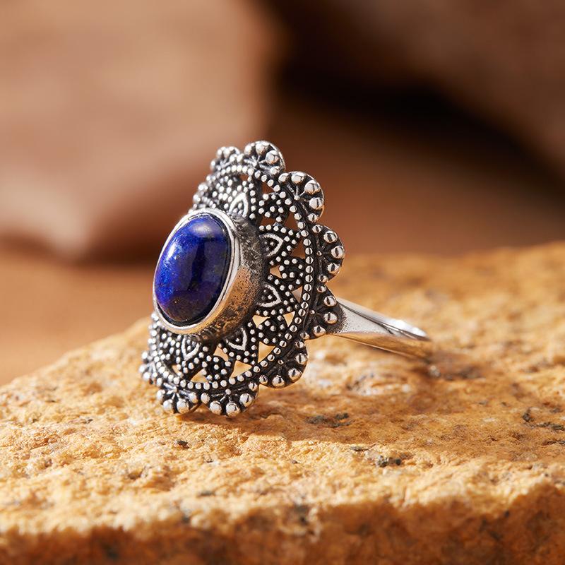 S925 Sterling Silver Retro Thai Silver Colored Treasure Ring Female Court Hollow Pattern Multi-Colored Natural Gemstone Index Finger Ring