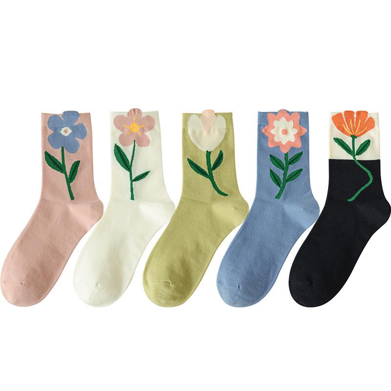 Female Spring and Summer All Match Pure Color Leisure Stereo Floret In The Tube Cotton Socks
