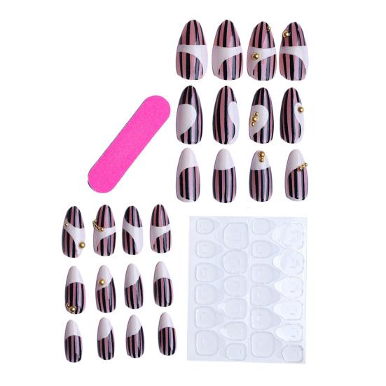 1 Set Women Press on Nails Almond French Tip Stick-on Long Fake Nails Full Cover Glue on False Nails DIY Manicure