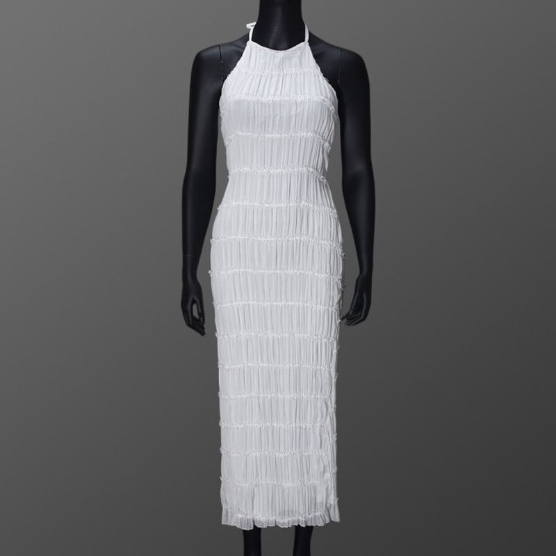 

51618 Fashion Women s Open Back Ruched Fabric Special Dress New Breathable Lace up Lotus Leaf Dress White XS