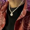 High Street Hip-Hop Trend Niche Colorful Pearl Splicing Necklace Metal Queen Head Coin Pendant