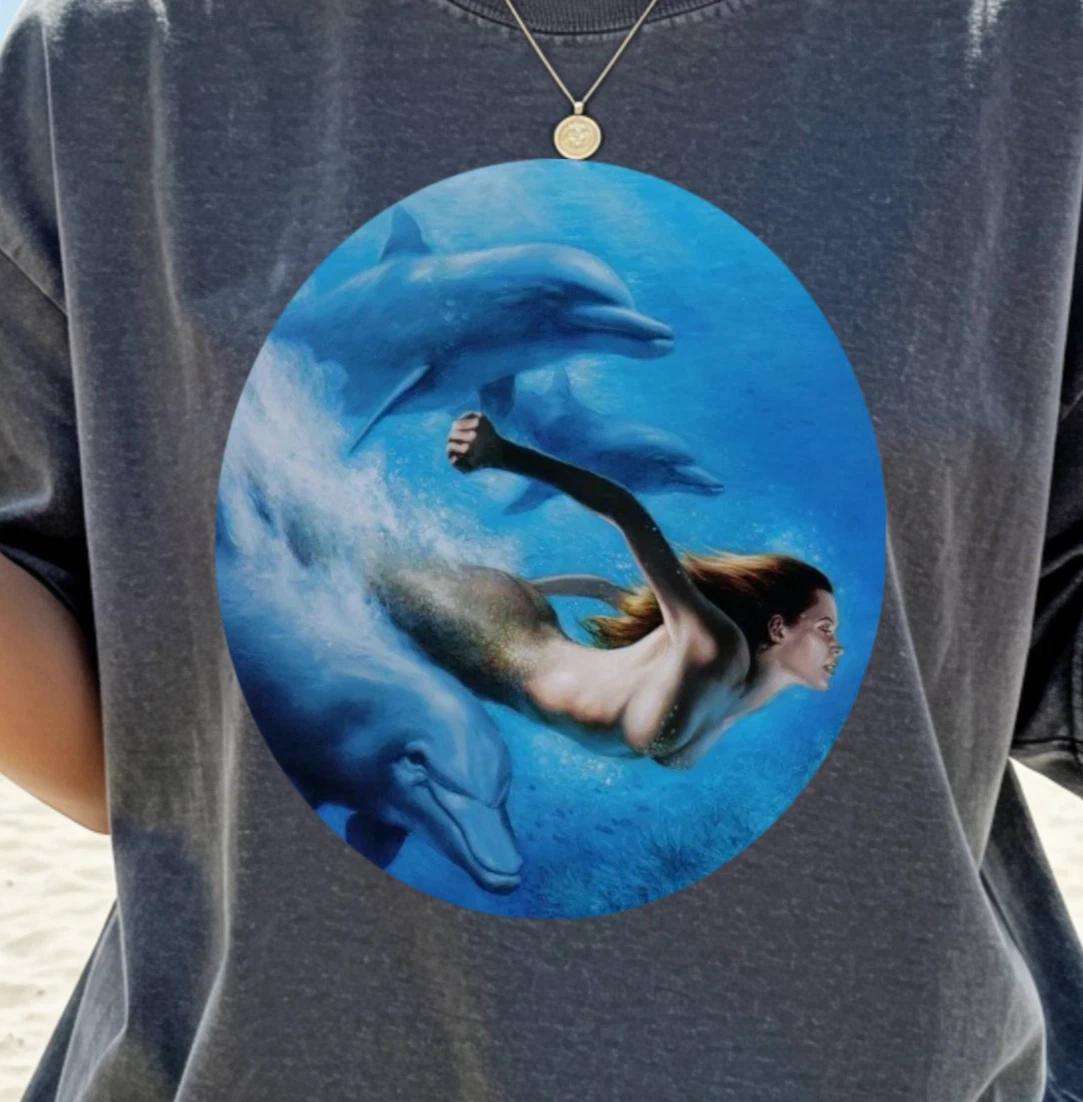 Mermaid and Dolphin Circle Art T-shirt | Ocean Fantasy Tee, Ocean Vibes Shirt L