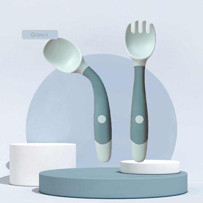 Green Bap Free Children Learn To Eat Training Tableware Twist Fork Spoon Silicone Pp Soft Spoon