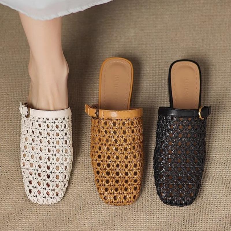 Sheepskin version~ 3cm thick heel slippers women's summer outer wear woven hollow breathable hole half drag fisherman sandals