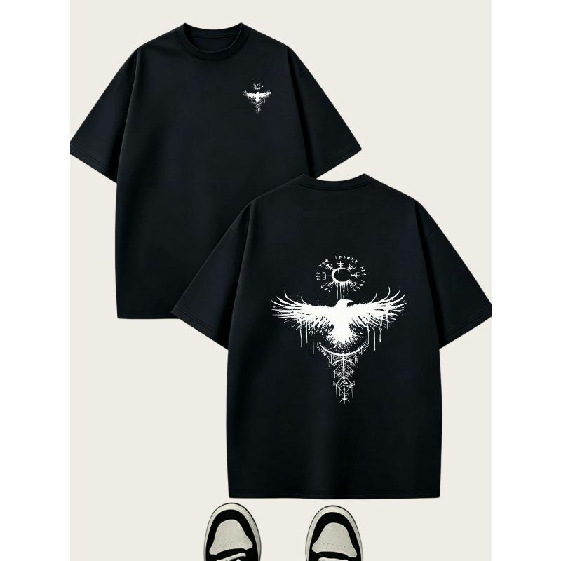 European Size Men's Gothic Eagle & Moon Print T-Shirt - Black & White Contrast Suitable for Casual Wear, Round Neck Regular Fit