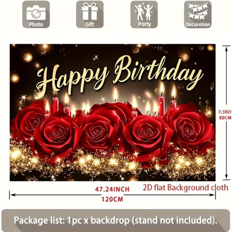 2D Rote Rose Kerze Geburtstag Hintergrund Banner Gold Glitzer Romantische Party Deko Hintergrund