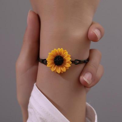 Korean Style Fresh Daisy Art Model Leather Rope Cute Sunflower Retro Bracelet