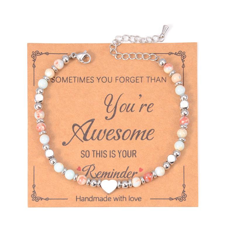 1pc Heart Shape Natural Stone Beaded Bracelet Stainless Steel Adjustable Chain Bracelet Retro Daily Wear Jewelry for Women Gifts