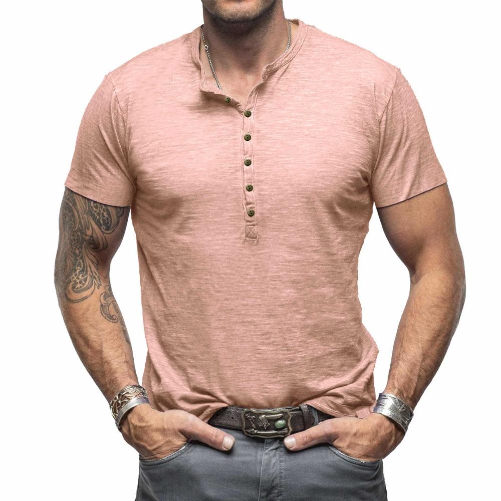 Summer Men’s Casual Tops: Classic Men’s Henley-style Short-sleeved T-shirt with A Stand-up Collar