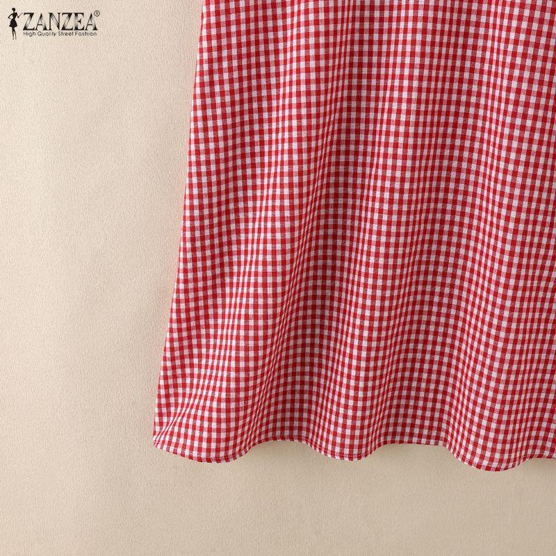 ZANZEA Women Casual Stand Collar Short Sleeve Loose Grid Print Dress