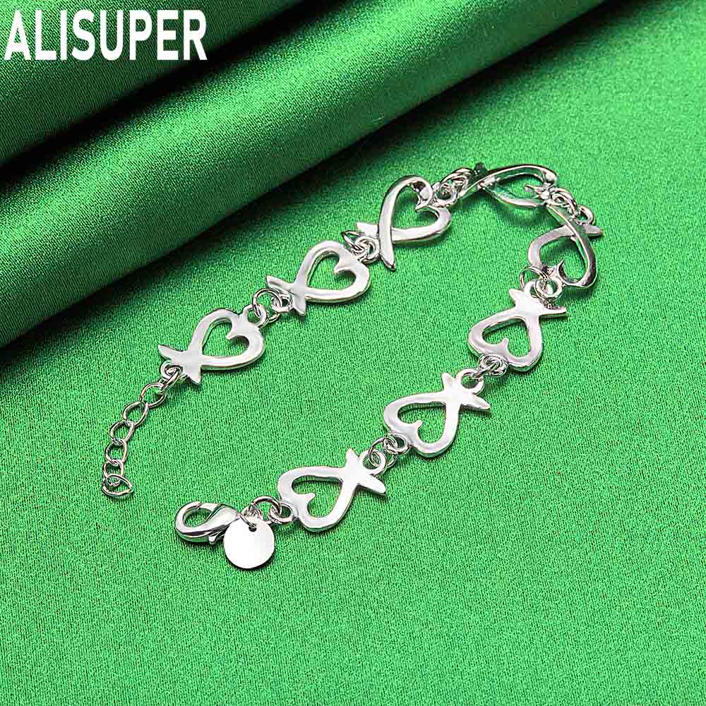 925 Sterling Silver Antique Heart-Shaped Side Chain Romantic Bracelet Gift Jewelry