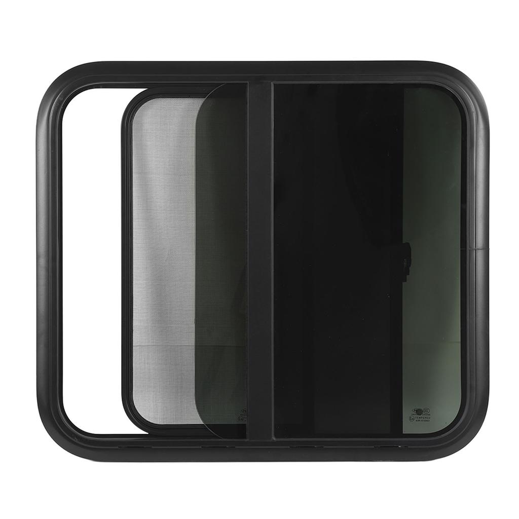 800x700mmm Rounded Sliding Windows Thick Tempered Glass UV Resistant Black Aluminum Alloy Frame with Screen for Caravan