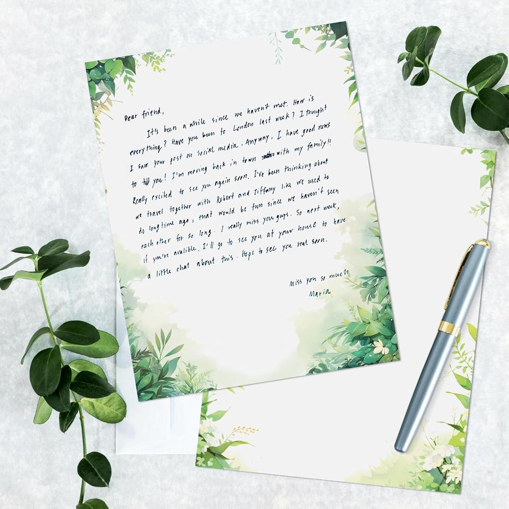 Greenery Theme Stationery Letter, 8.5 x 11 Inches, 80 Double-Sided, Pretty Printer Paper, Decorative Paper for Wedding, DIY Drawing, Thank Greeting