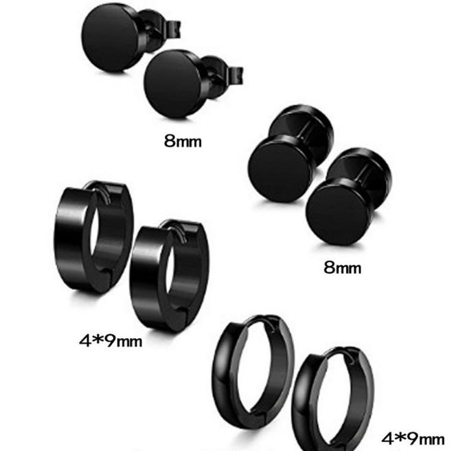 4 Paar Herren Damen Schwarz Edelstahl Ohrstecker Runde Hantel Ohrstecker Set