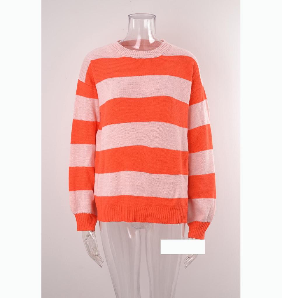Plus Size Women Striped Spliced Round Neck Pullover Sweater Loose Lazy Autumn Wear