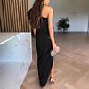 European & American Women's One-Shoulder Cutout Ruffle Sleeve Slit Evening Dress - Solid Color 8082