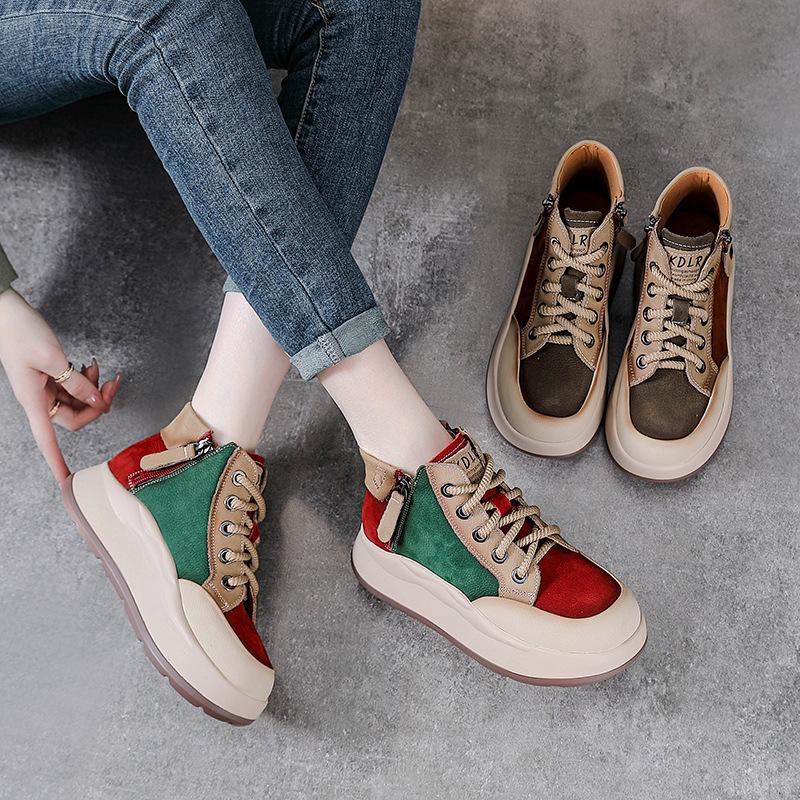 Autumn and Winter New Leather Platform Martin Women's British Style Color Matching Casual Shoes First Layer Cowhide Low-top Short