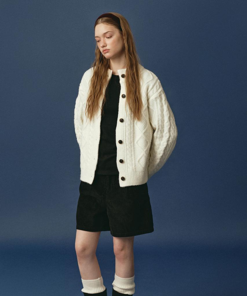 LOSSYROW Chunky Cable Knit Cardigan Ivory