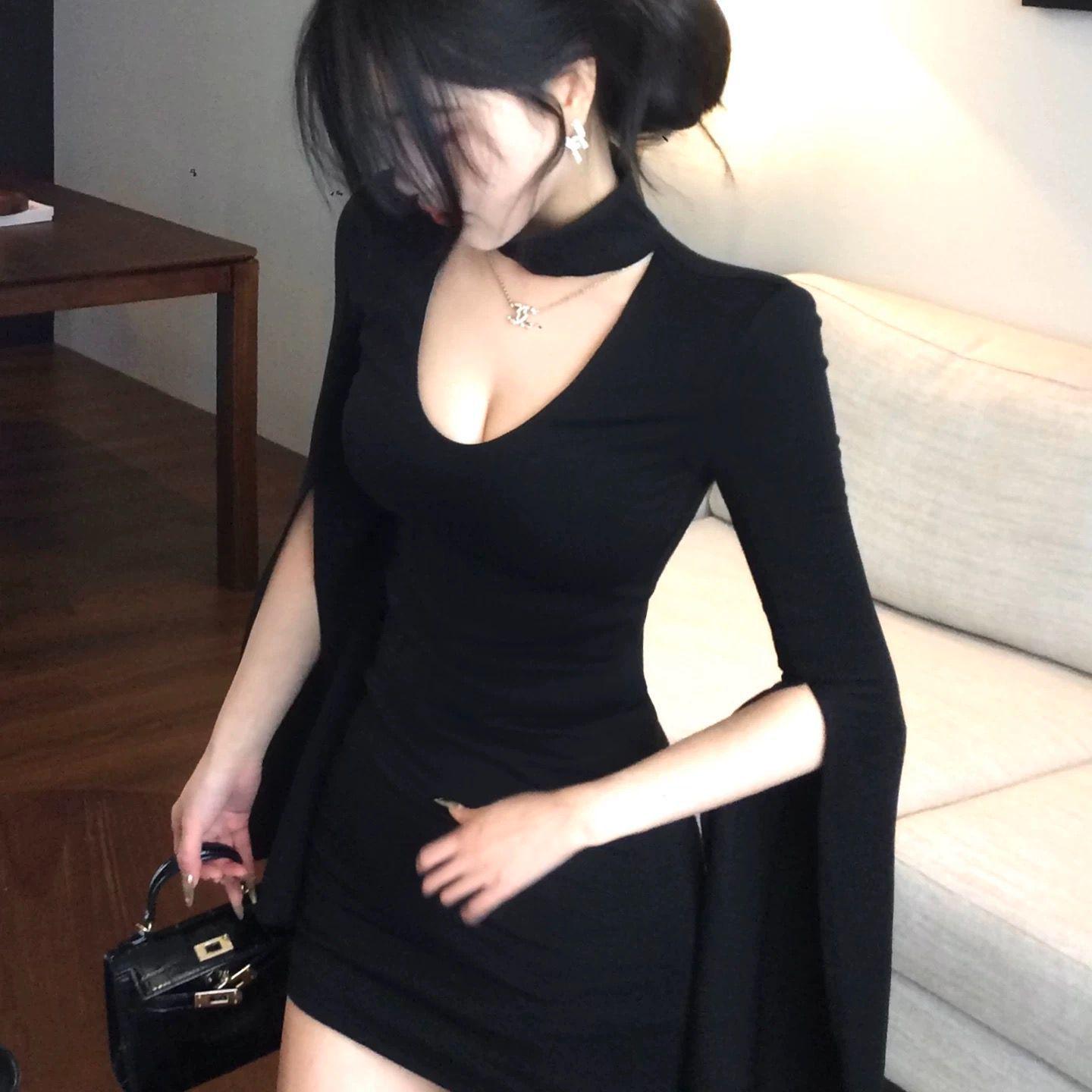 Elegant French Niche Long-Sleeve Dress for Petite Women - Socialite Style, Hip-Hugging Design Medium чёрный
