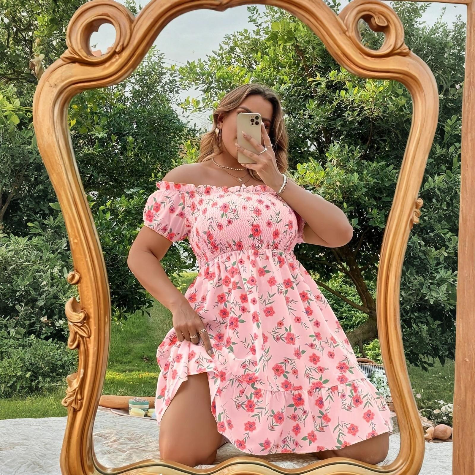 

Женское свободное удобное повседневное модное темпераментное цветочное платье в стиле отпуска больших размеров летнее элегантное с принтом XXXXXL розовый