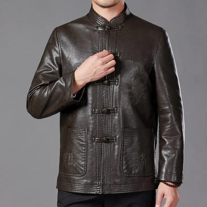 Autumn Men Pu Leather Tang Suit Jacket Chinese Traditional Ethnic Loose Casual Dad Coat Vintage Streetwear Windproof Outerwear