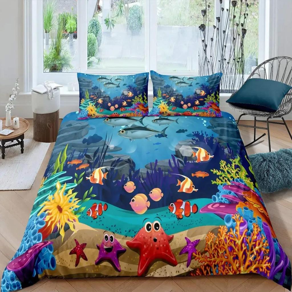 Cartoon Octopus Bedding Set KingQueen Size,Ocean Underwater World Duvet Cover Kids Sea Coral Fish Polyester Quilt Cover