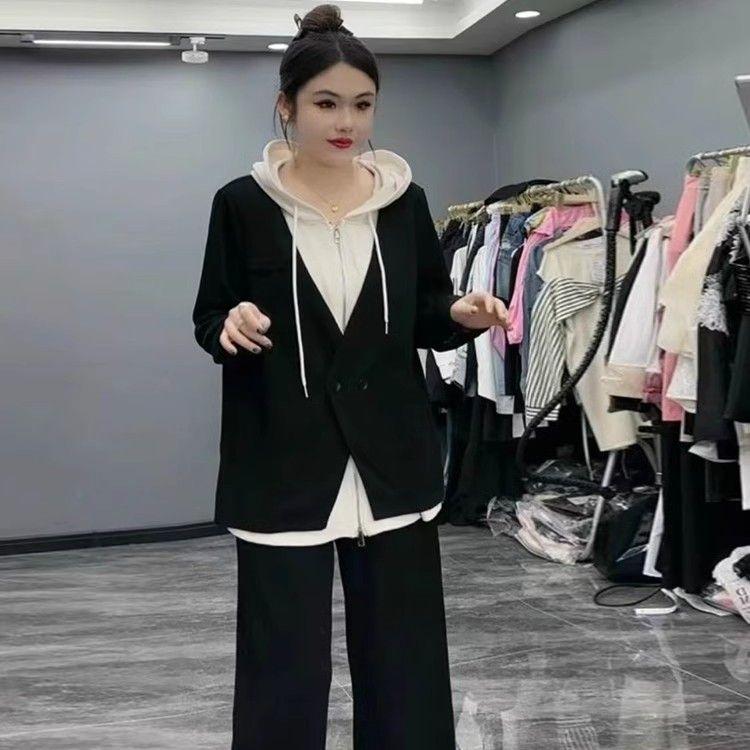 Plus Size Lazy Style Fake Two-piece Hooded Sweater Suit Women's Autumn and Winter Wide-leg Pants Two-piece Suit