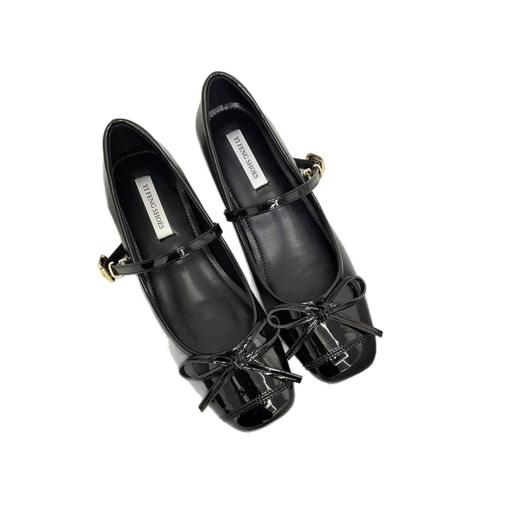 French small inner height increase 5cm bow light mouth single shoes square head Mary Jane shoes gentle flat ballet shoes