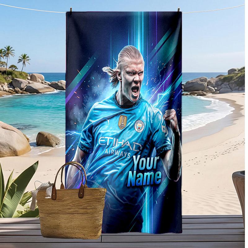 Erling Haaland Personalized Printed Beach Towel Soccer Logo Support Custom Name Text Absorbent Towel For Sport Travel Special Gift