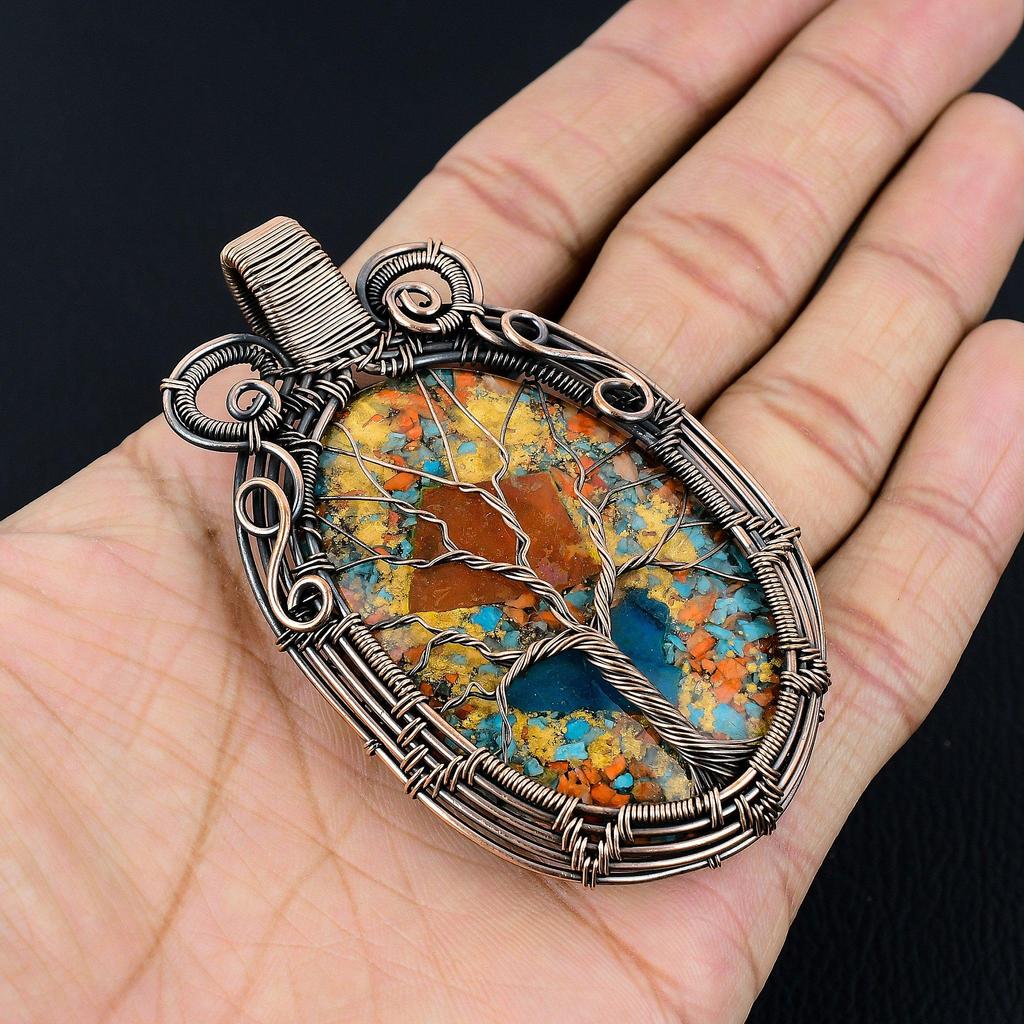 Tree Of Life Multi Copper Spiny Oyster Pendant, Handmade Gemstone 999 Copper Wire Wrapped Pendant Antique Jewelry, For Gift Silver Jewelry
