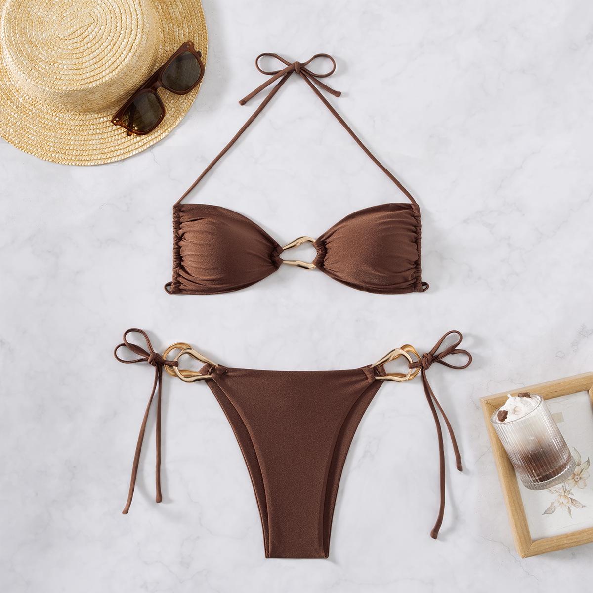 Sexy bikini bra set split solid color swimsuit gather split swimsuit pure desire swimsuit S темно-коричневого