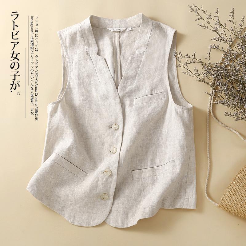 Women Cotton Linen Vest Sleeveless Single Breasted Waistcoat V‑Neck Loose Casual Outer Gilet M‑2XL