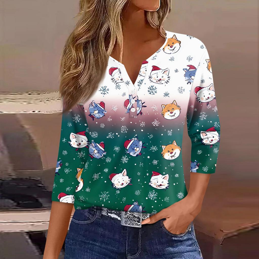 Women's T Shirt Tee Christmas Printed Button 3/4 Sleeve Tunic Daily Weekend Fashion Basic V- Neck Regular Top