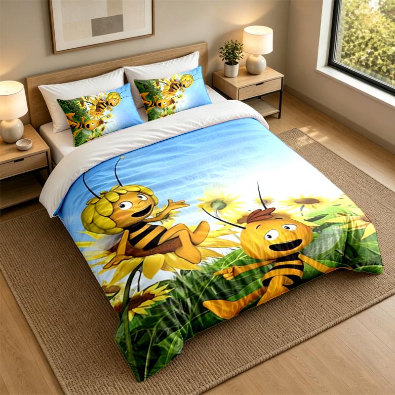 Weiches Bettwäsche-Set Biene Maja Muster, 1 Bettbezug plus 2 Kissenbezüge Stilvolles Schlafzimmer Heimtextilien