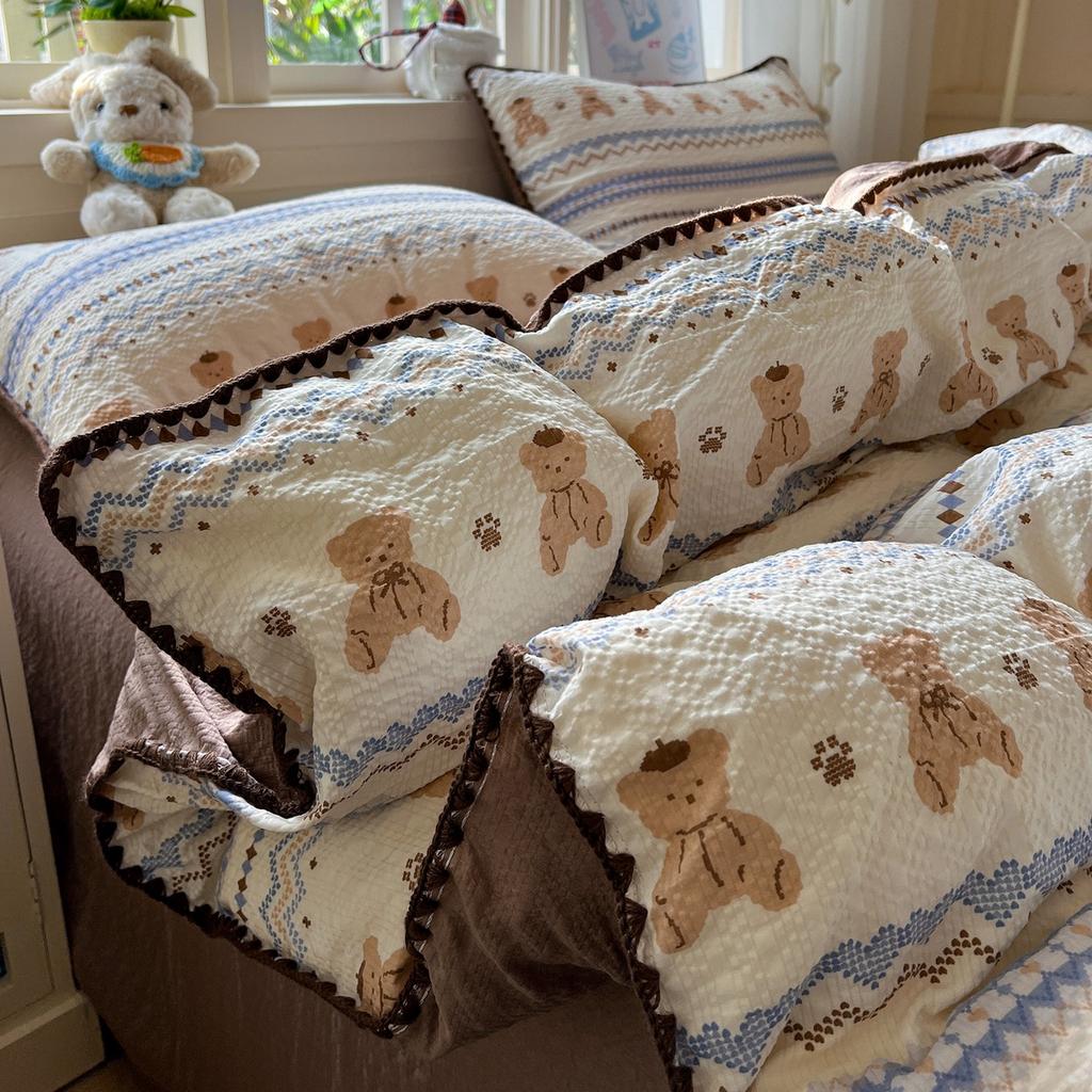 Maternal and infant grade A new puff yarn four-piece set, pure cotton naked bed sheet quilt cover, dormitory bed hat three-piece set