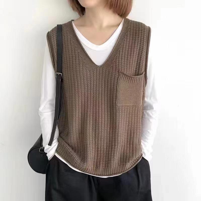 Spring and Autumn Women's Solid Color V-neck Artistic Knitted Vest Plus Size Sweater Vest
