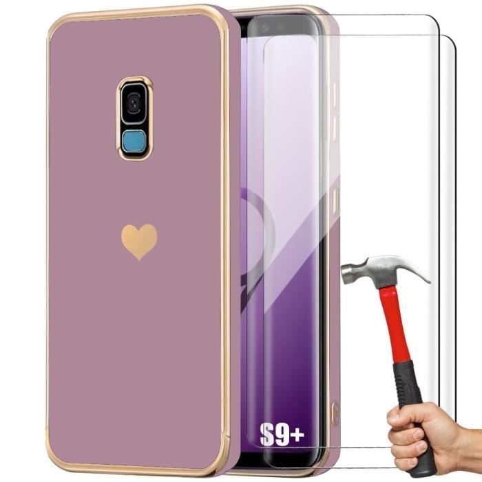 Coque pour Samsung Galaxy S9 Plus - Violet - Antichoc TPU - Motif Cœur Doré - 2 Verres Trempés