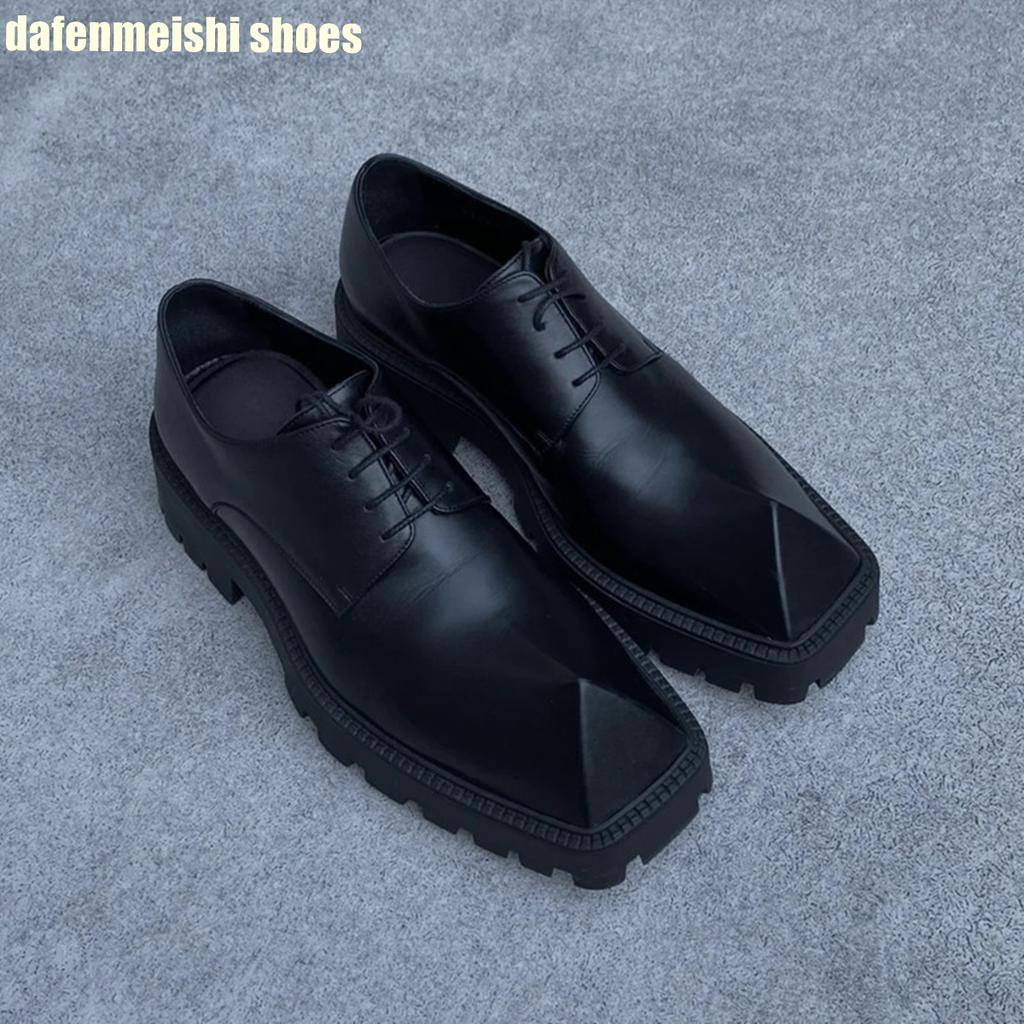 Fashion Rhino Horn Platform Real Leather Shoes for Women Black Lace Up Square Toe Fashion Shoes 2025 New Novelty Derby Shoes