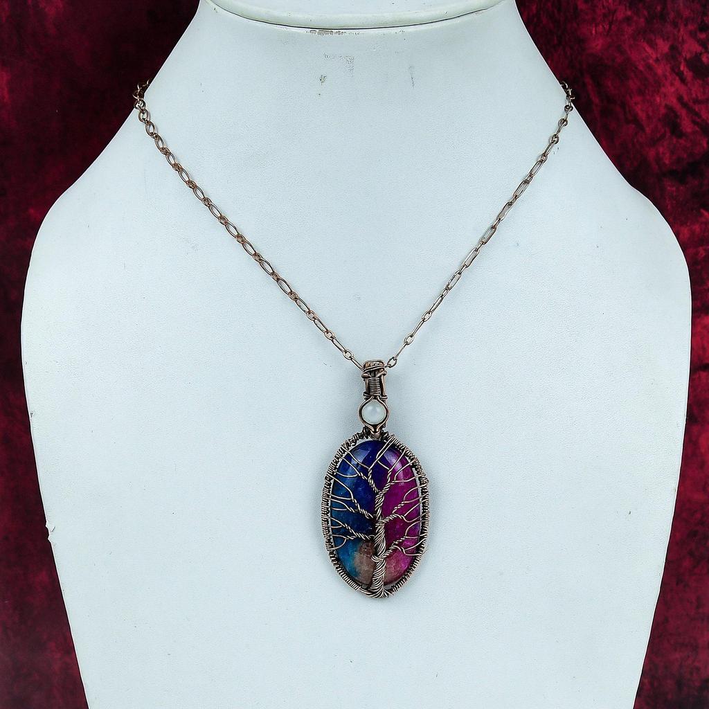 Tree Of Life Rainbow Solar Quartz Druzy Pendant Copper Wire Wrapped Jewelry
