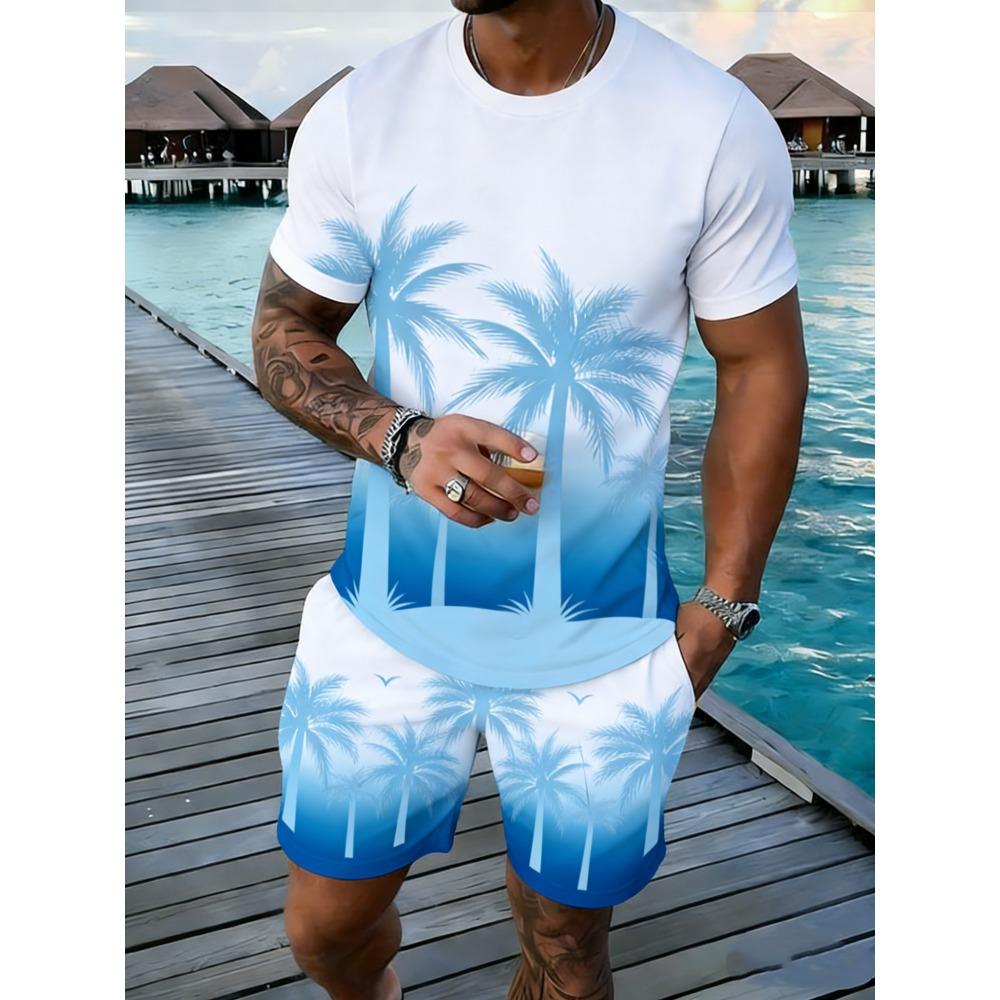Popular Coconut Tree Printed T-shirt Sets Hawaii Style Tee Shorts Outfits Summer Vacation Two-piece Sets Hot Sell Men's Clothing