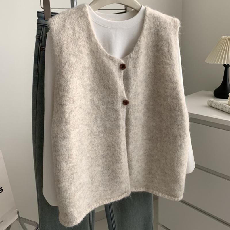 Literary Vintage Lazy Style Two Button Knitted Vest Women's Spring Autumn Sleeveless Split Sweater Gilet